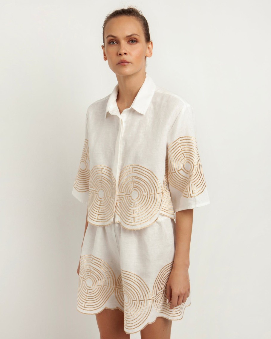 Women Greek Archaic Kori Shirts & Blouses | Labyrinth Natural And Gold Cropped Shirt