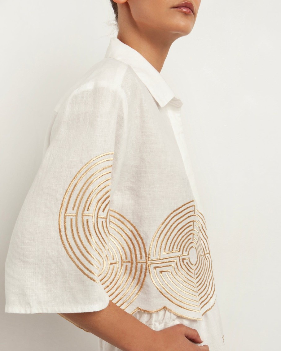 Women Greek Archaic Kori Shirts & Blouses | Labyrinth Natural And Gold Cropped Shirt