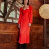 Women Farm Rio Dresses | Heart Shaped Neckline Red Long Sleeve Midi Dress