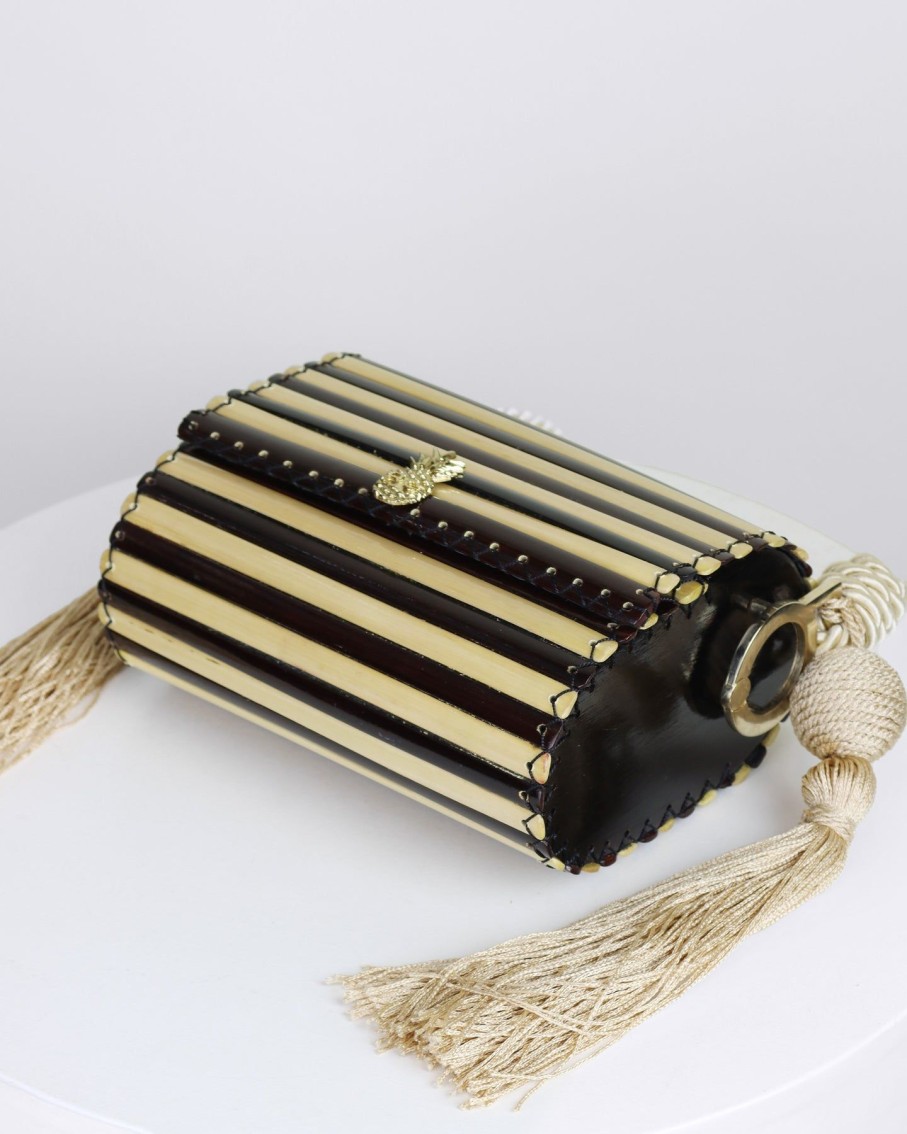 Women Palma Canaria Clutches | Amelia Beige And Black Horizontal Striped With Side Tassels Clutch