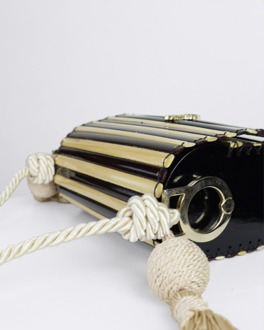 Women Palma Canaria Clutches | Amelia Beige And Black Horizontal Striped With Side Tassels Clutch