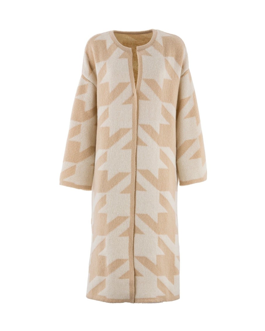 Women Arara for BLAIZ Jumpers & Cardigans | Cream And Camel Houndstooth Pattern Duster Cardigan