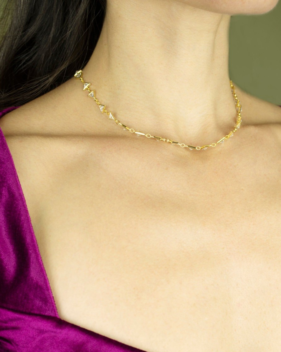 Women 227 Necklaces | Gold Triangle Crystal Delicate Gold Necklace