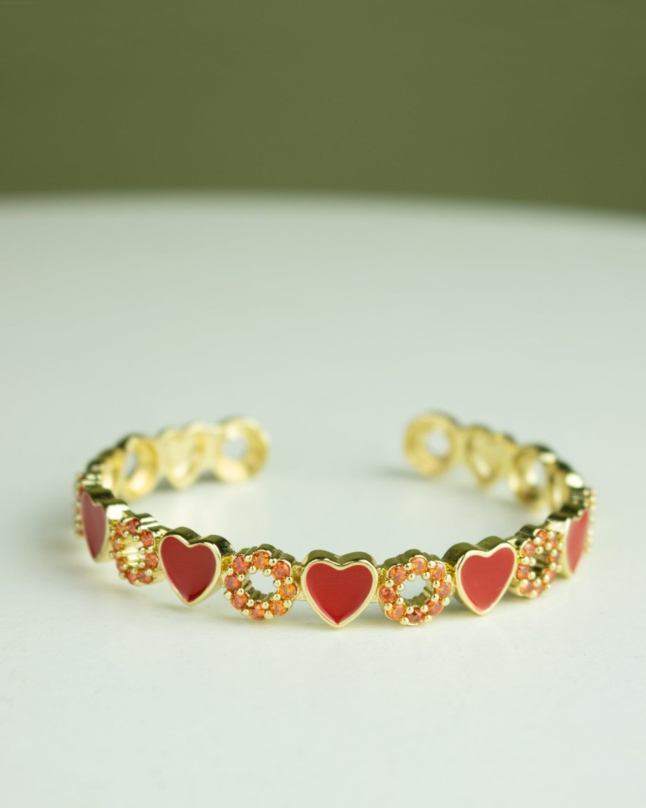 Women 227 Bracelets | Red Heart Orange Donut Gem Gold Bangle