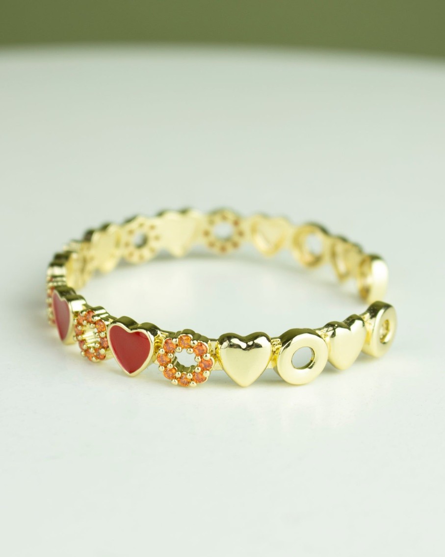 Women 227 Bracelets | Red Heart Orange Donut Gem Gold Bangle