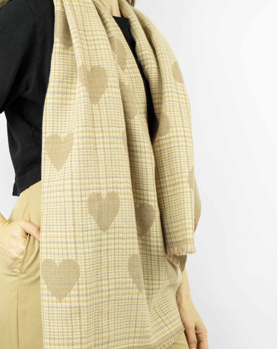 Women 227 Hats, Gloves & Scarves | Beige Double-Sided Heart Tweed Oversized Scarf