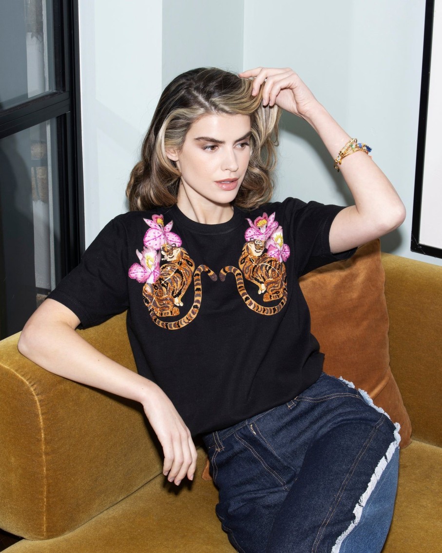 Women Arara for BLAIZ Tops & T-Shirts | Blooming Tiger Beaded Black Arara T-Shirt