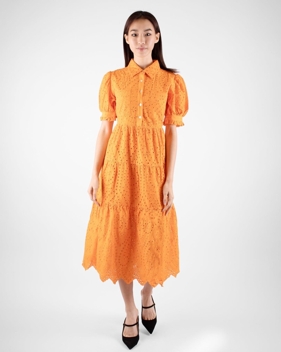 Women Marina V Dresses | Orange Embroidered Midi Dress