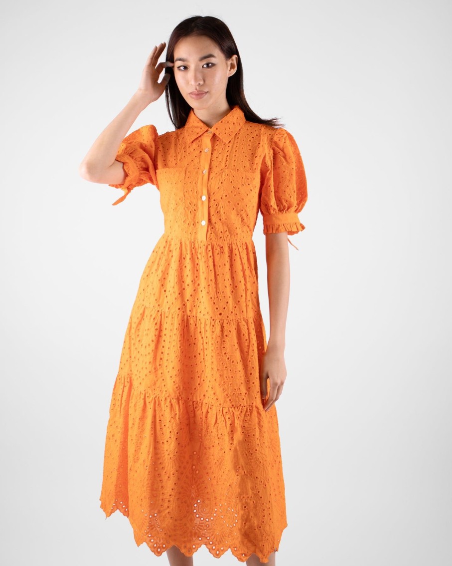 Women Marina V Dresses | Orange Embroidered Midi Dress