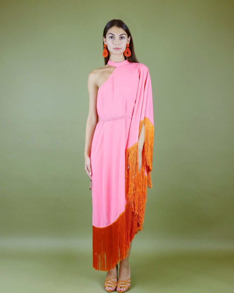 Women Tufi Dresses | Coral Pink Asymmetrical Fringe Midi Dress