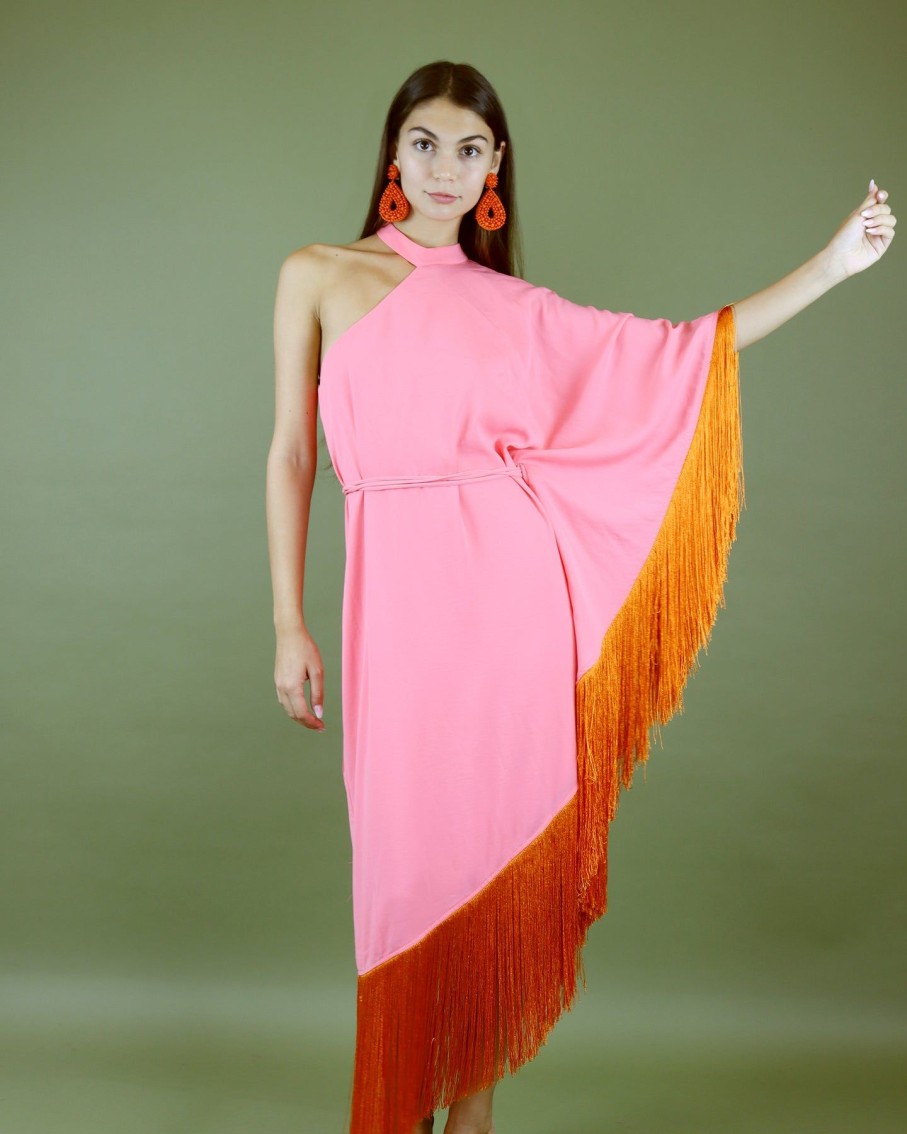 Women Tufi Dresses | Coral Pink Asymmetrical Fringe Midi Dress