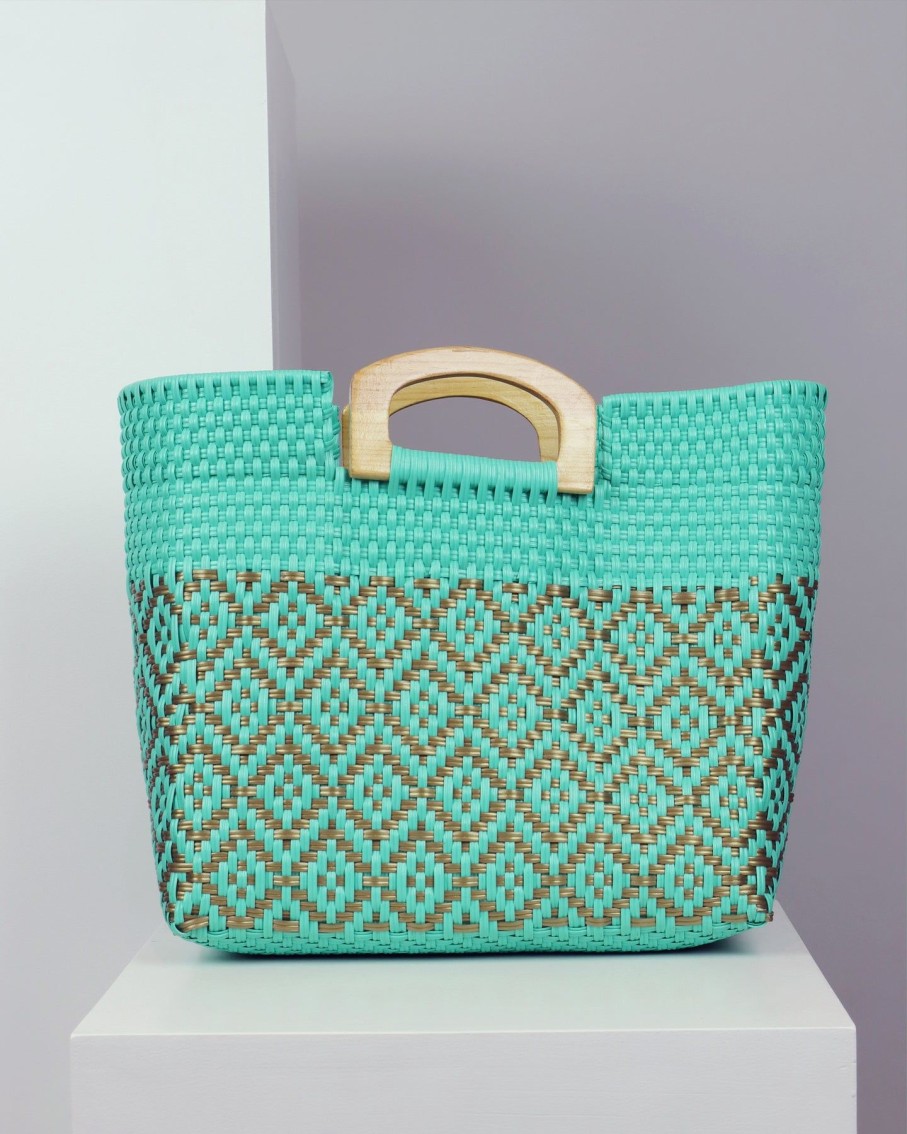 Women BLAIZ Mexico Beach Bags | Octavia Wooden Handle Woven Tote