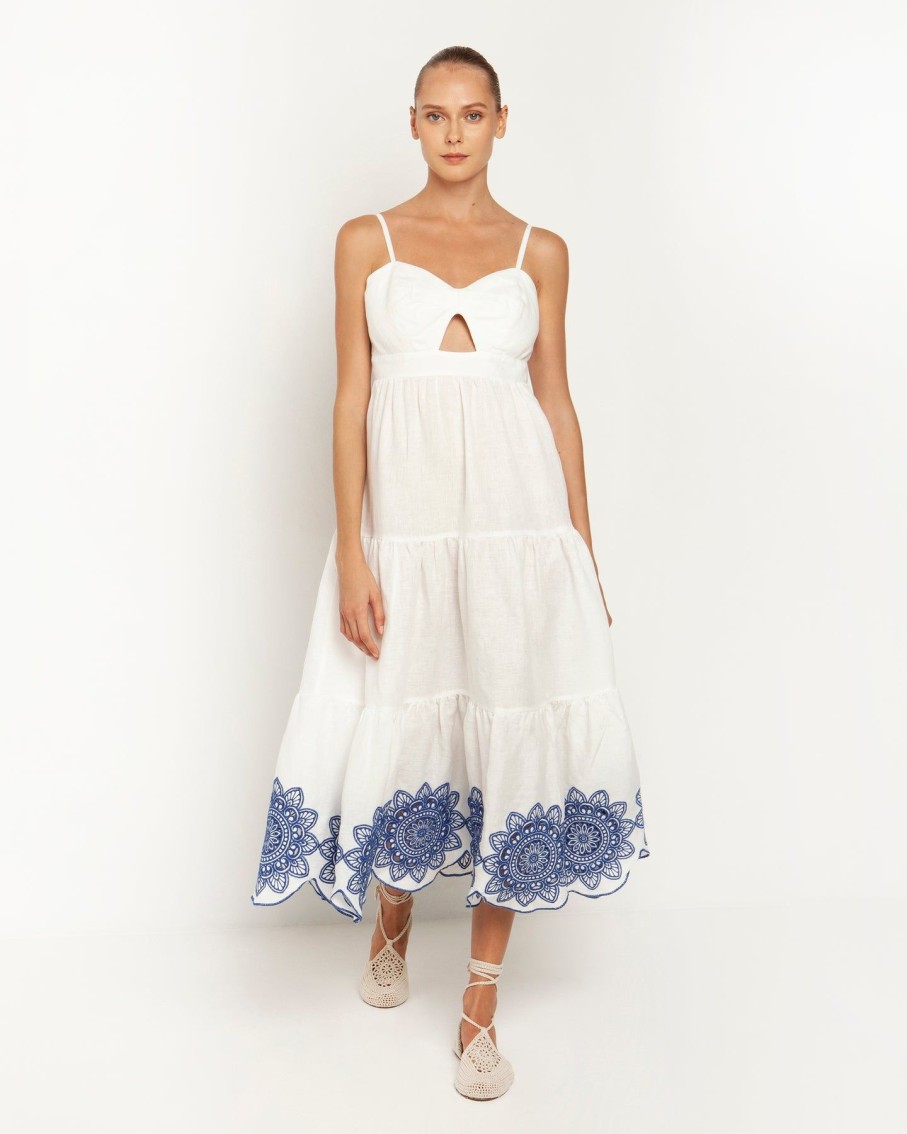 Women Greek Archaic Kori Dresses | White & Blue Daisy Embroidered Midi Dress