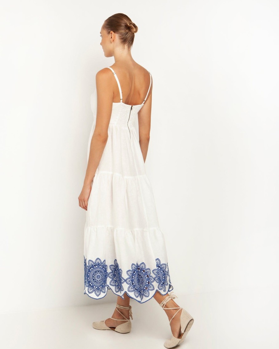 Women Greek Archaic Kori Dresses | White & Blue Daisy Embroidered Midi Dress