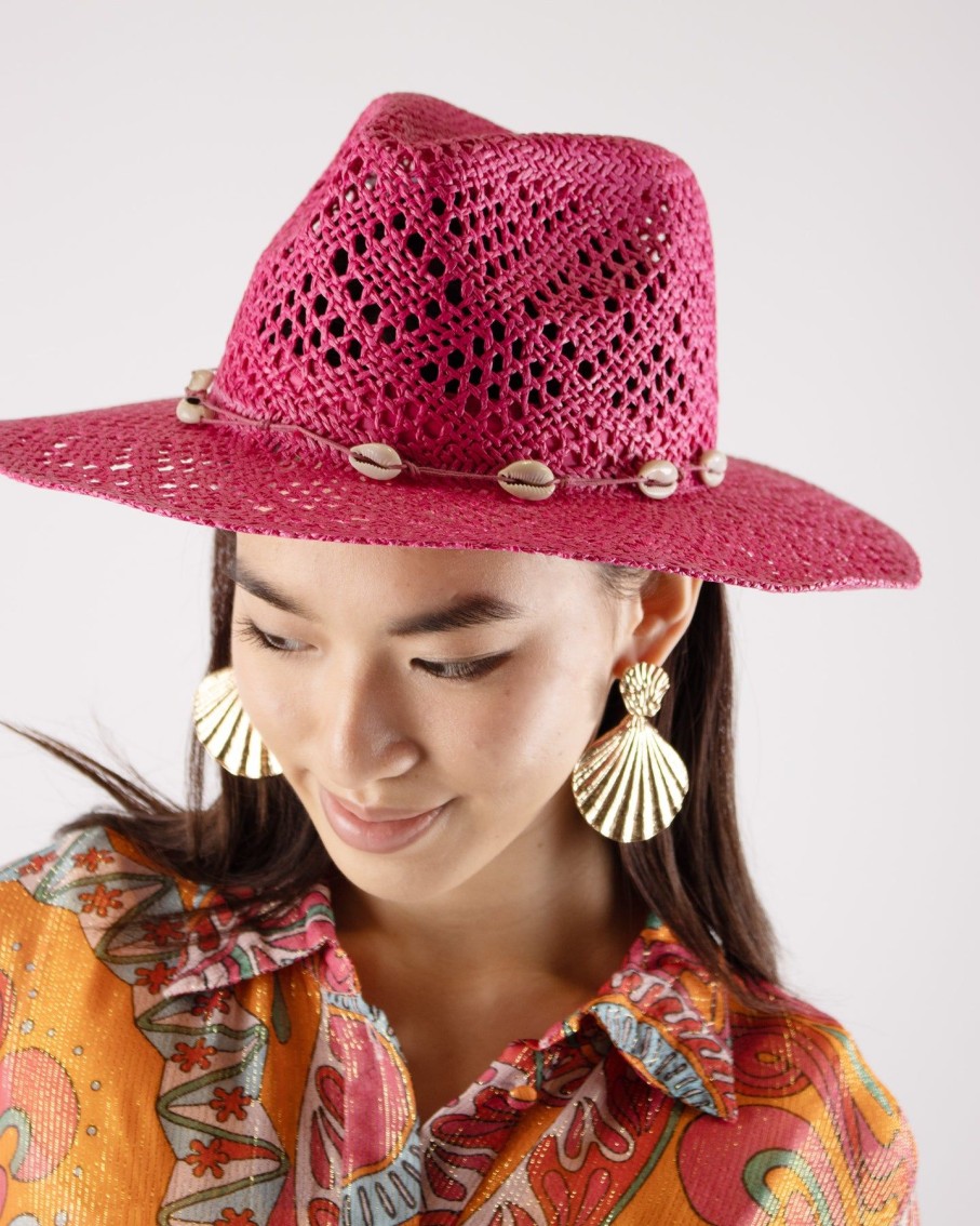 Women Blaiz Hats, Gloves & Scarves | Joanna Fuchsia Cowrie Shells Paper Straw Hat