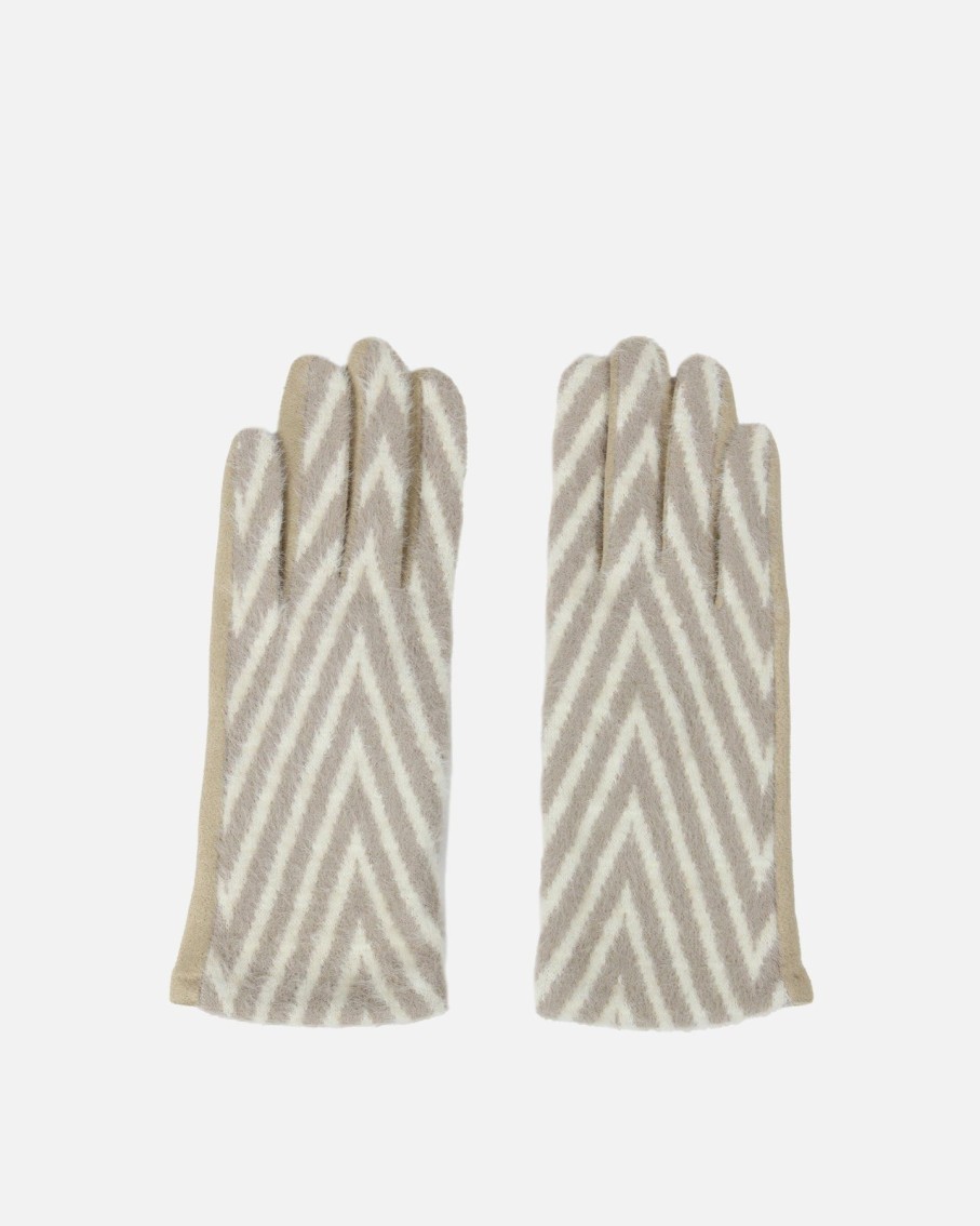 Women BLAIZ Hats, Gloves & Scarves | Beige And White Chevron Print Faux Suede Gloves