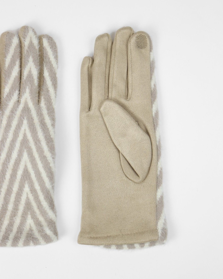 Women BLAIZ Hats, Gloves & Scarves | Beige And White Chevron Print Faux Suede Gloves