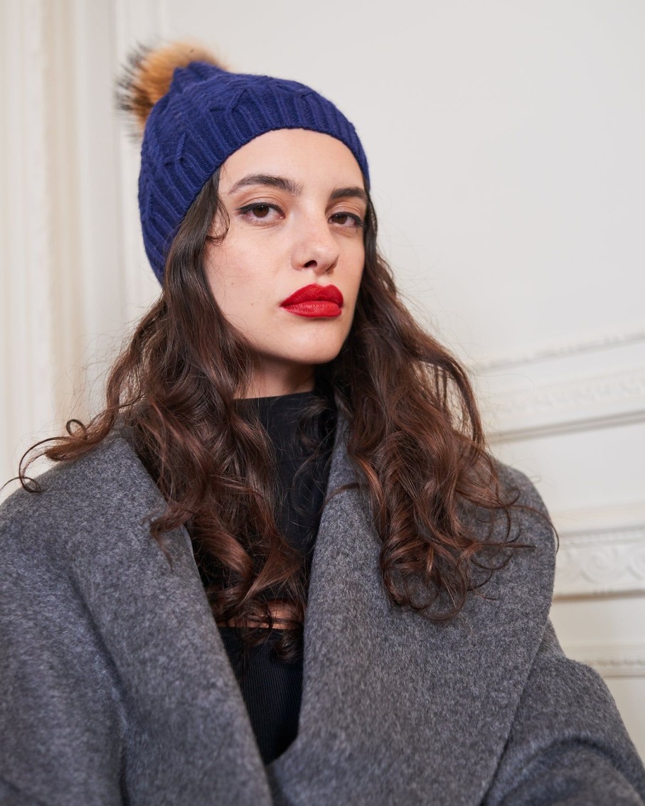 Women 227 Hats, Gloves & Scarves | Navy Plaited Knit Pom Pom Hat