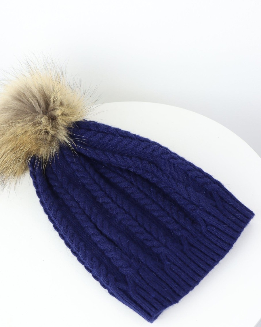 Women 227 Hats, Gloves & Scarves | Navy Plaited Knit Pom Pom Hat