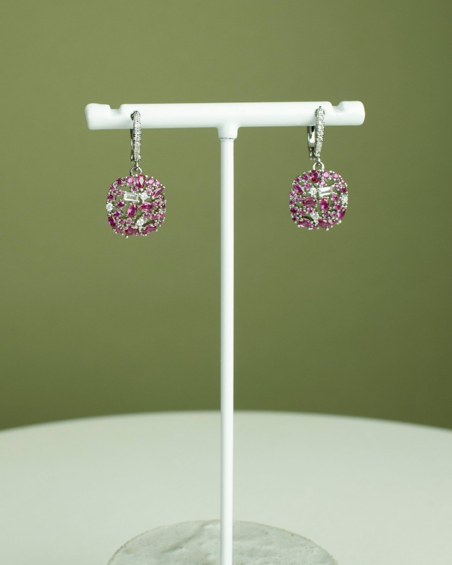 Women 227 Earrings | Magenta Gem Silver Cushion Earrings