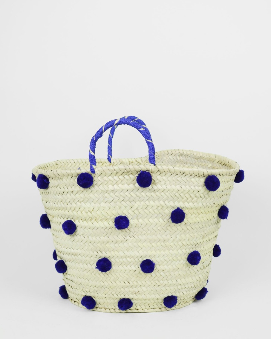 Women 227 Beach Bags | Blue Pom Pom Raffia Beach Bag