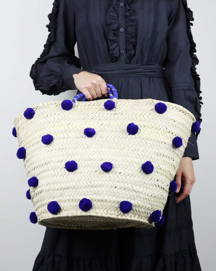 Women 227 Beach Bags | Blue Pom Pom Raffia Beach Bag