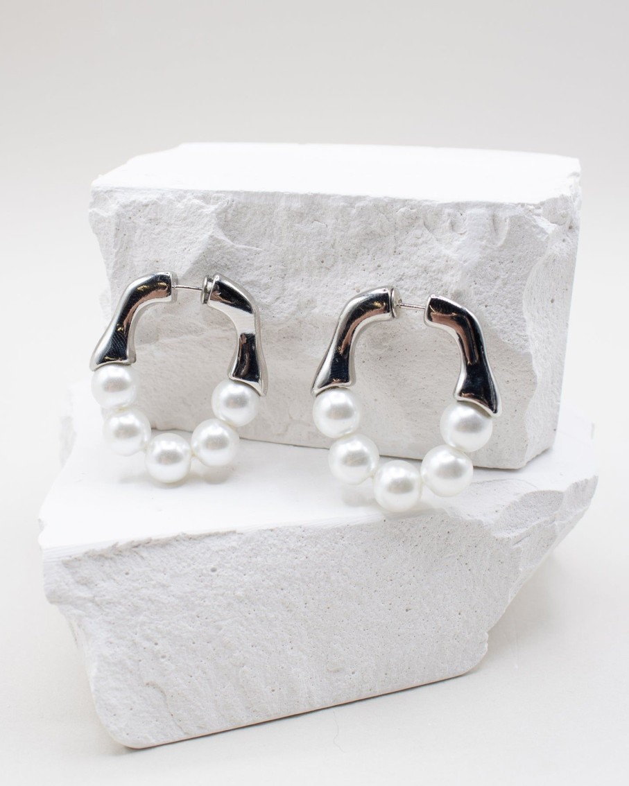 Women 227 Earrings | Elisa Pearl Beaded Silver Hoop Earrings