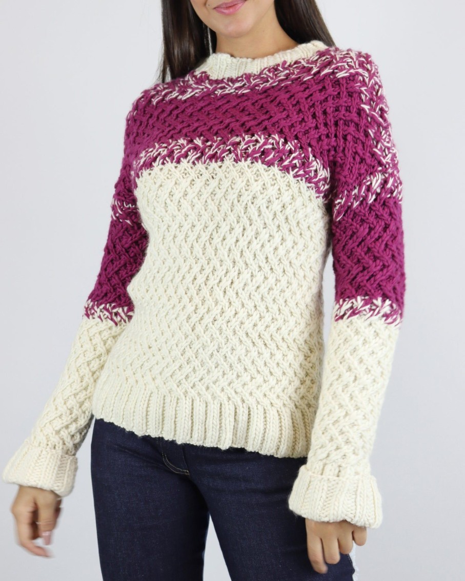 Women Cardan Cabos Jumpers & Cardigans | Cream & Raspberry Turtle Neck Jumper