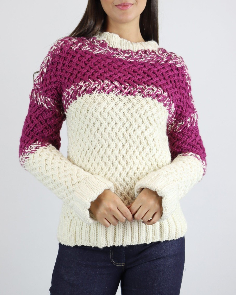 Women Cardan Cabos Jumpers & Cardigans | Cream & Raspberry Turtle Neck Jumper