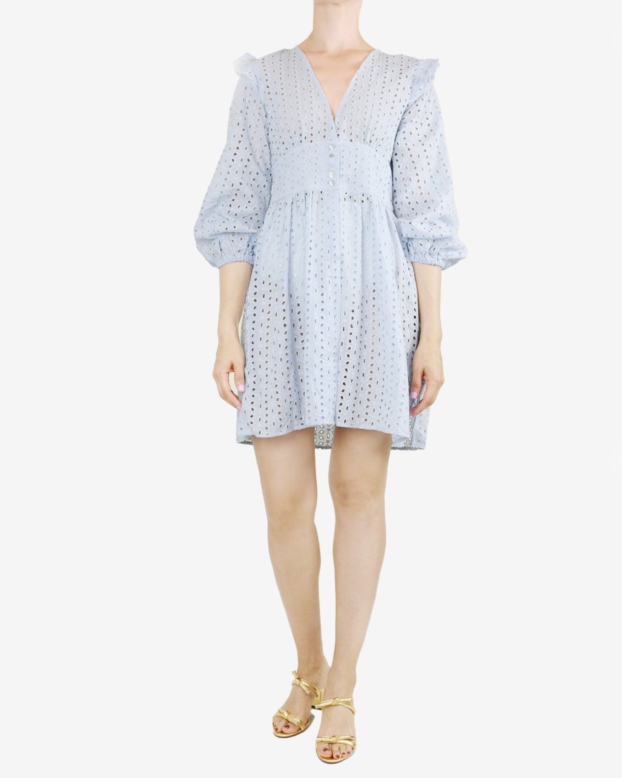 Women Palmacea Dresses | Sky Blue Eyelet Buttoned Cover-Up Mini Dress