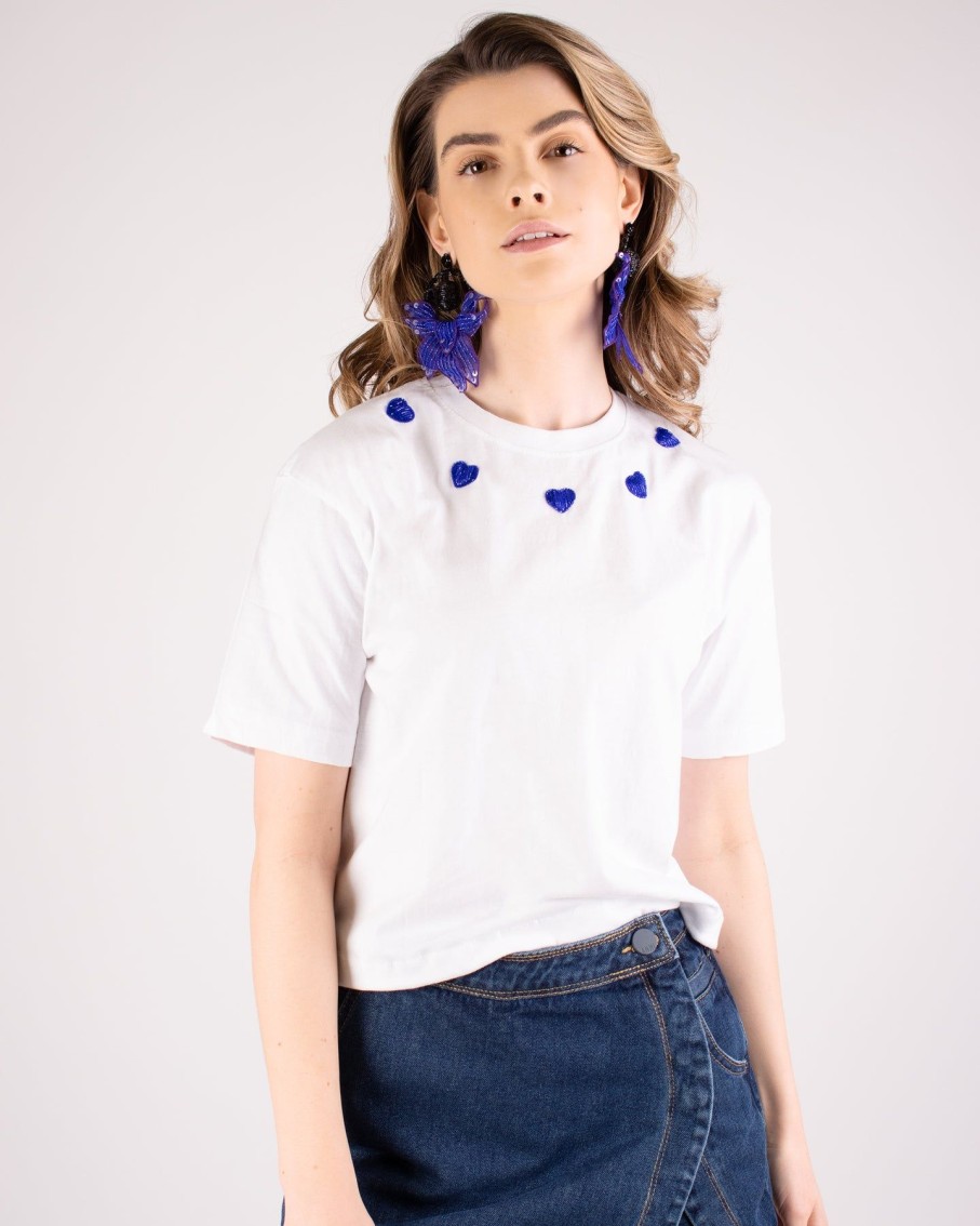 Women Arara for BLAIZ Tops & T-Shirts | Beaded Blue Hearts White Cropped T-Shirt