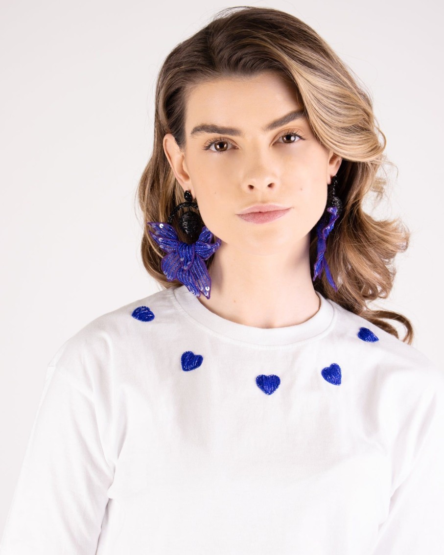 Women Arara for BLAIZ Tops & T-Shirts | Beaded Blue Hearts White Cropped T-Shirt