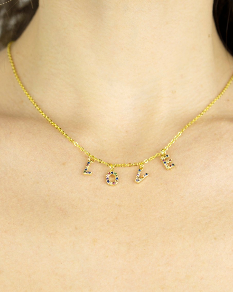 Women 227 Necklaces | Love Rainbow Gems Charm Gold Necklace