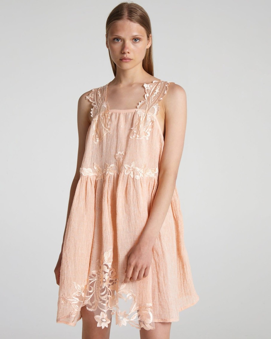 Women Maurizio Mykonos Dresses | Peach Open Shoulder Lace Straps Mini Dress