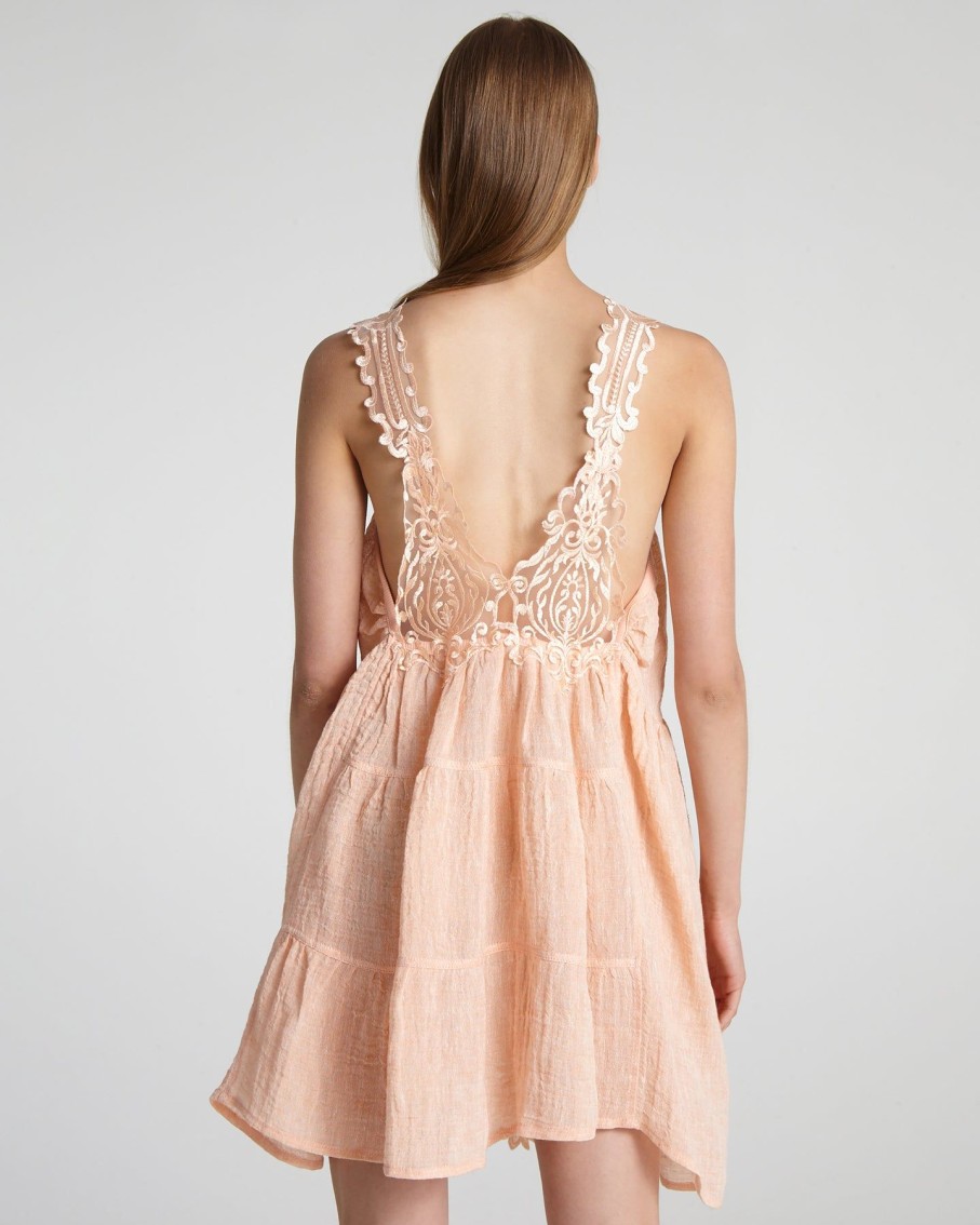 Women Maurizio Mykonos Dresses | Peach Open Shoulder Lace Straps Mini Dress