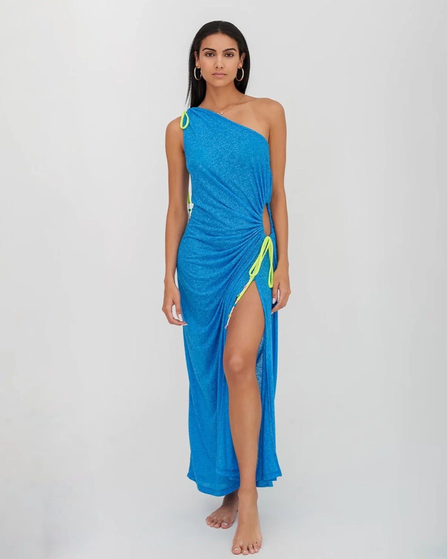 Women Pitusa Dresses | Blue Ruched One Shoulder Cut Out Dress