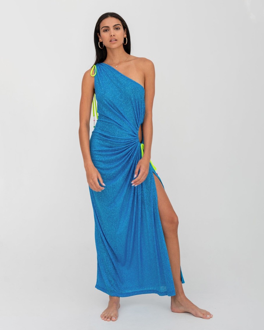 Women Pitusa Dresses | Blue Ruched One Shoulder Cut Out Dress