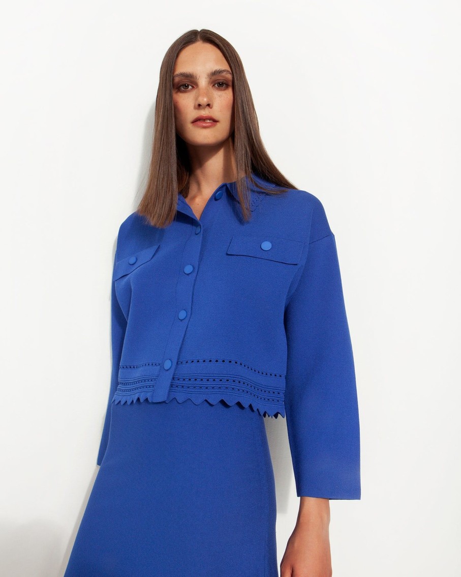 Women Marina V Coats & Jackets | Royal Blue Long Sleeve Scallop Jacket