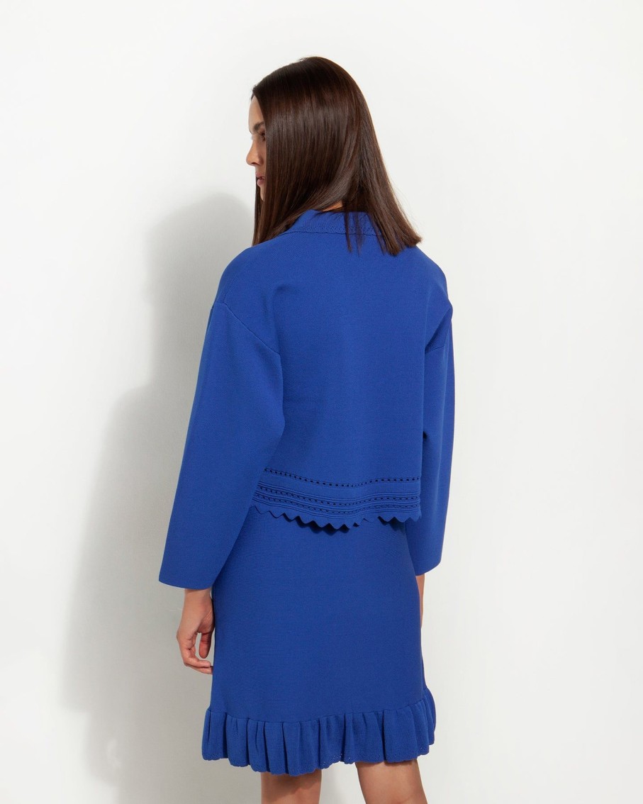 Women Marina V Coats & Jackets | Royal Blue Long Sleeve Scallop Jacket