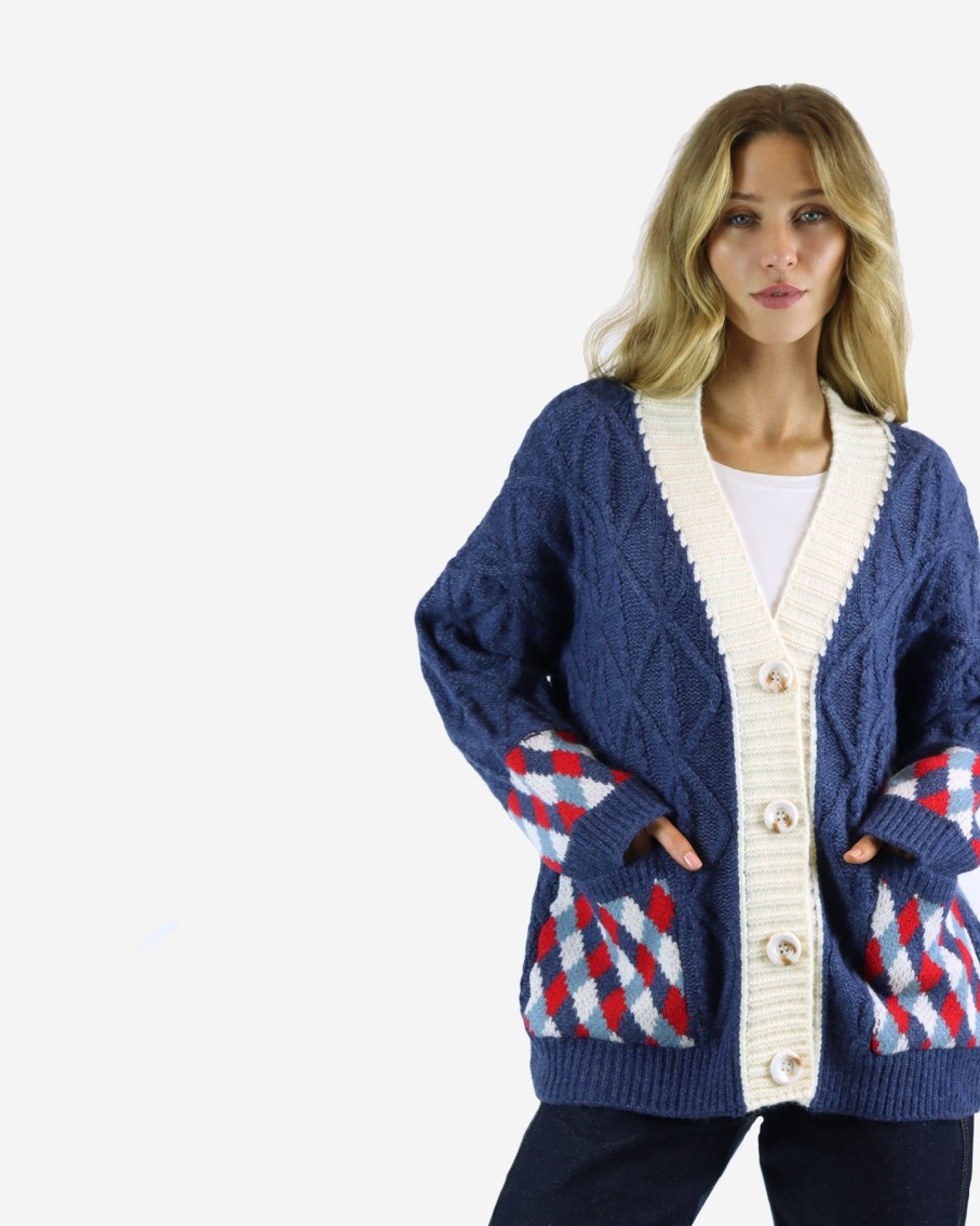 Women On Blue Jumpers & Cardigans | Blue Argyle Cable Knit Cardigan