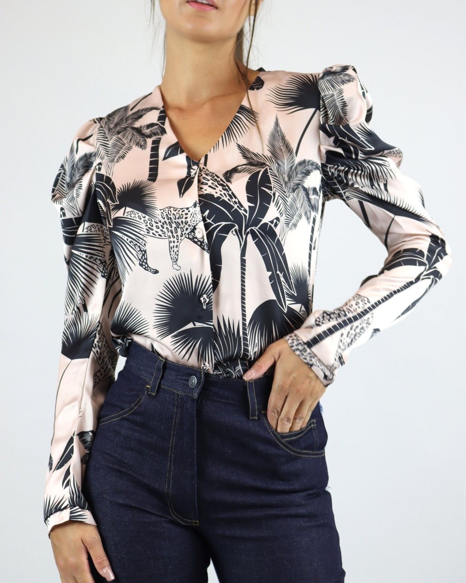 Women Lobo Rosa Shirts & Blouses | Pale Pink Palm Print Button Blouse