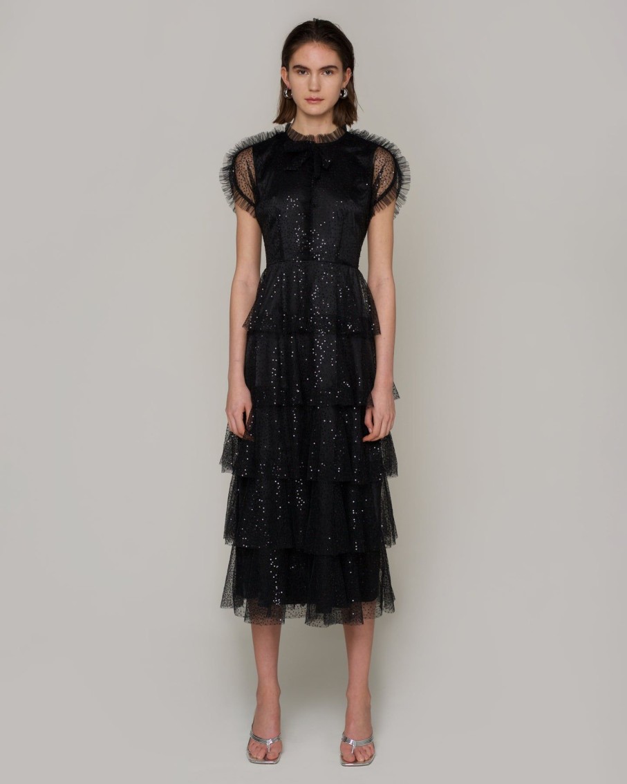 Women Amy Lynn Dresses | Alder Mesh Black Cascading Frill Midi Dress