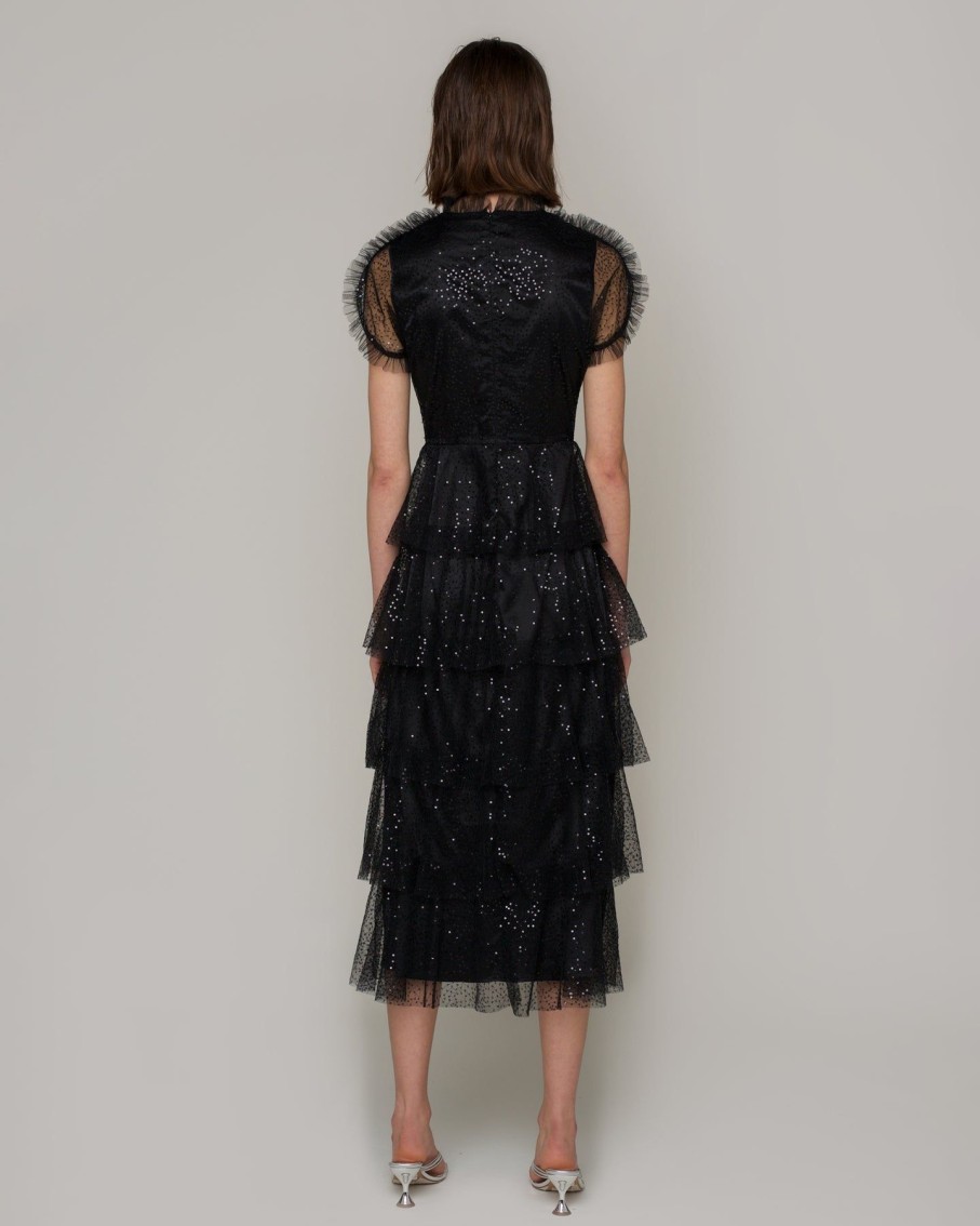 Women Amy Lynn Dresses | Alder Mesh Black Cascading Frill Midi Dress