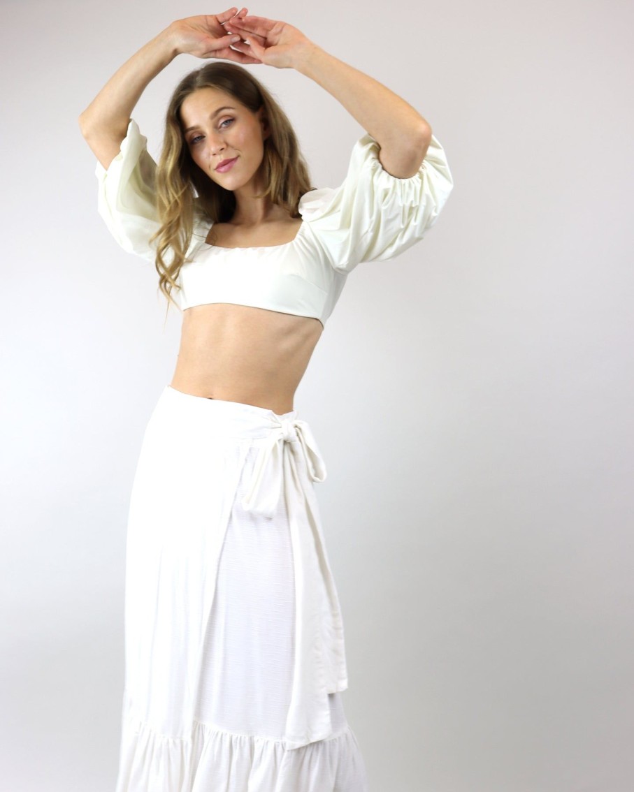 Women Agua De Coco Tops & T-Shirts | Off-White Puff Sleeve Bikini Bandeau Top