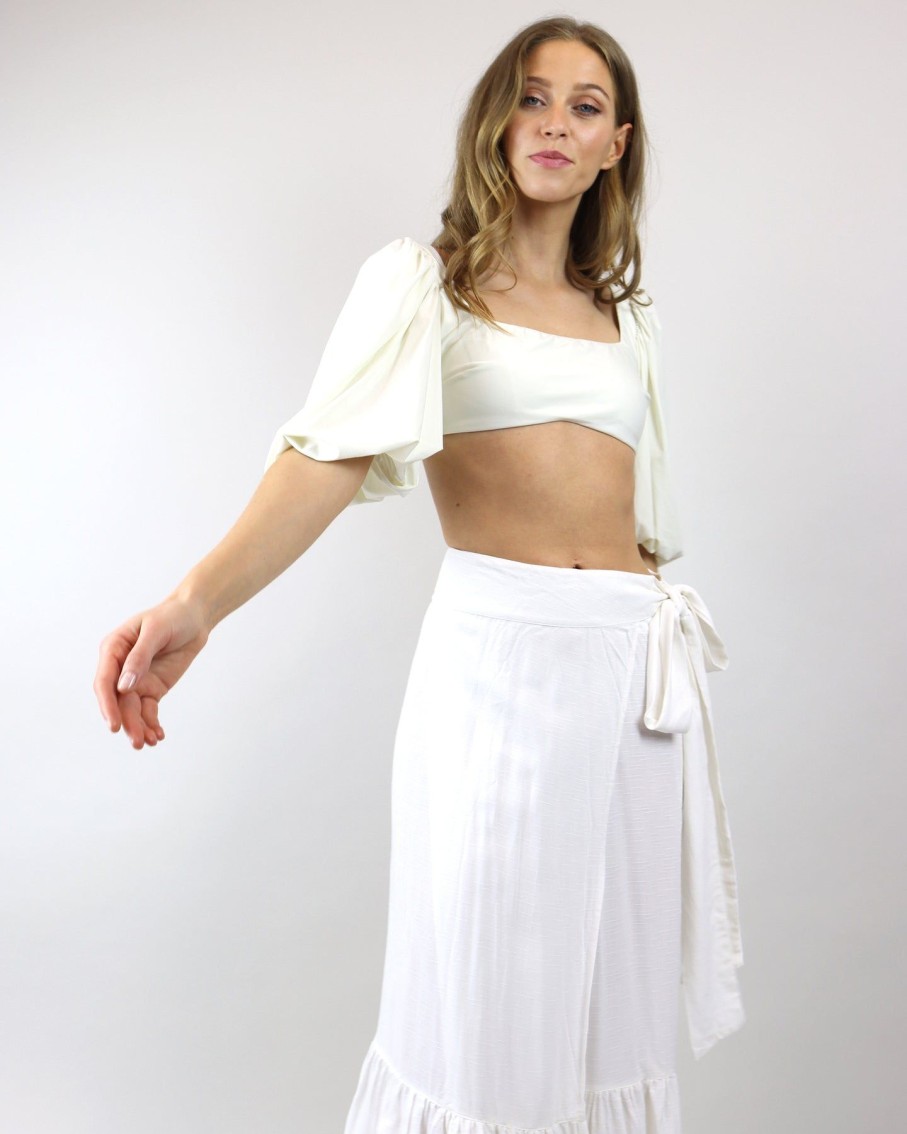 Women Agua De Coco Tops & T-Shirts | Off-White Puff Sleeve Bikini Bandeau Top