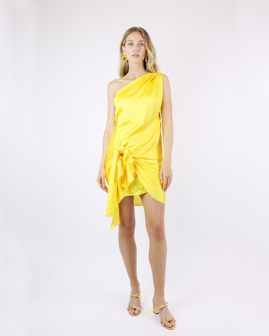 Women BAOBAB Dresses | Marea Luz Yellow Side Tie-Knot One-Shoulder Mini Dress