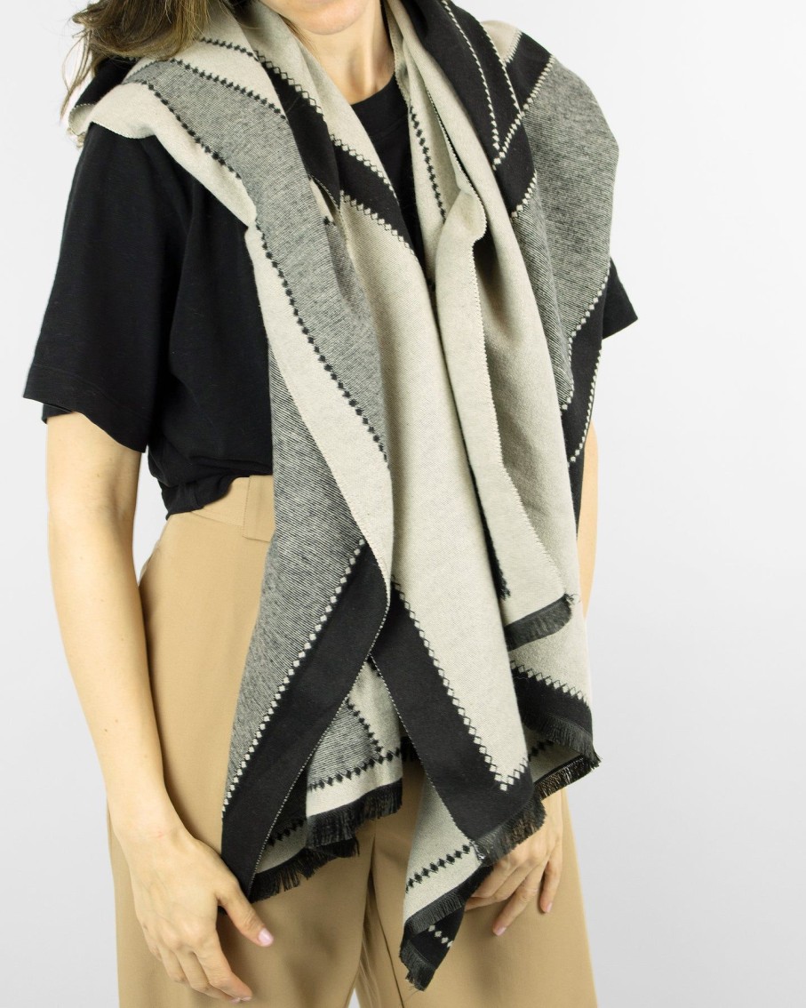 Women 227 Hats, Gloves & Scarves | Black Grey Geometric Over-Sized Scarf