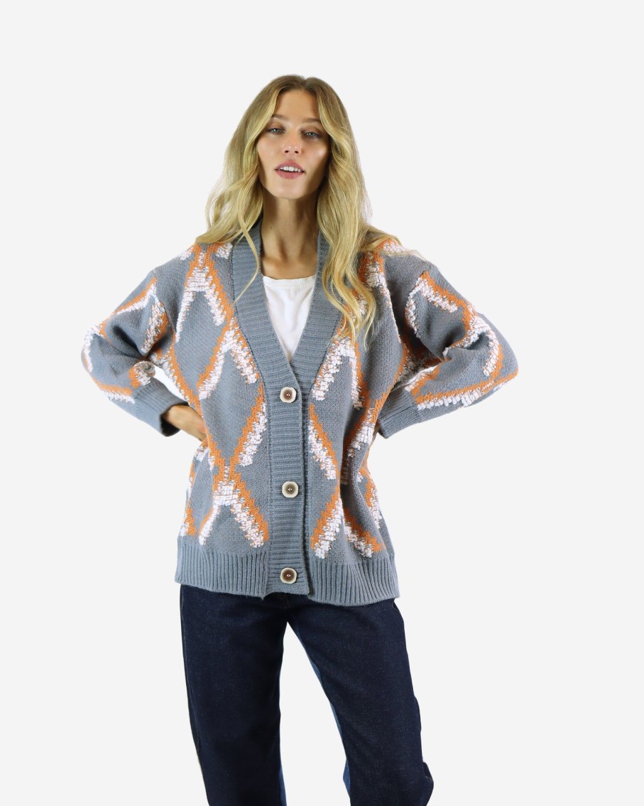 Women On Blue Jumpers & Cardigans | Grey & Copper Argyle Plaid Cardigan