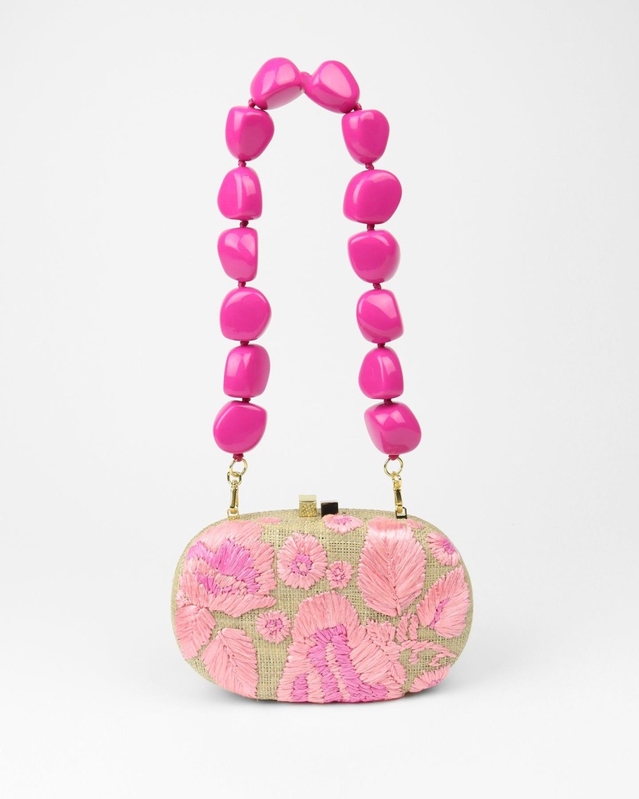 Women Serpui Clutches | Olivine Embroidered Flower Pink Straw Bag