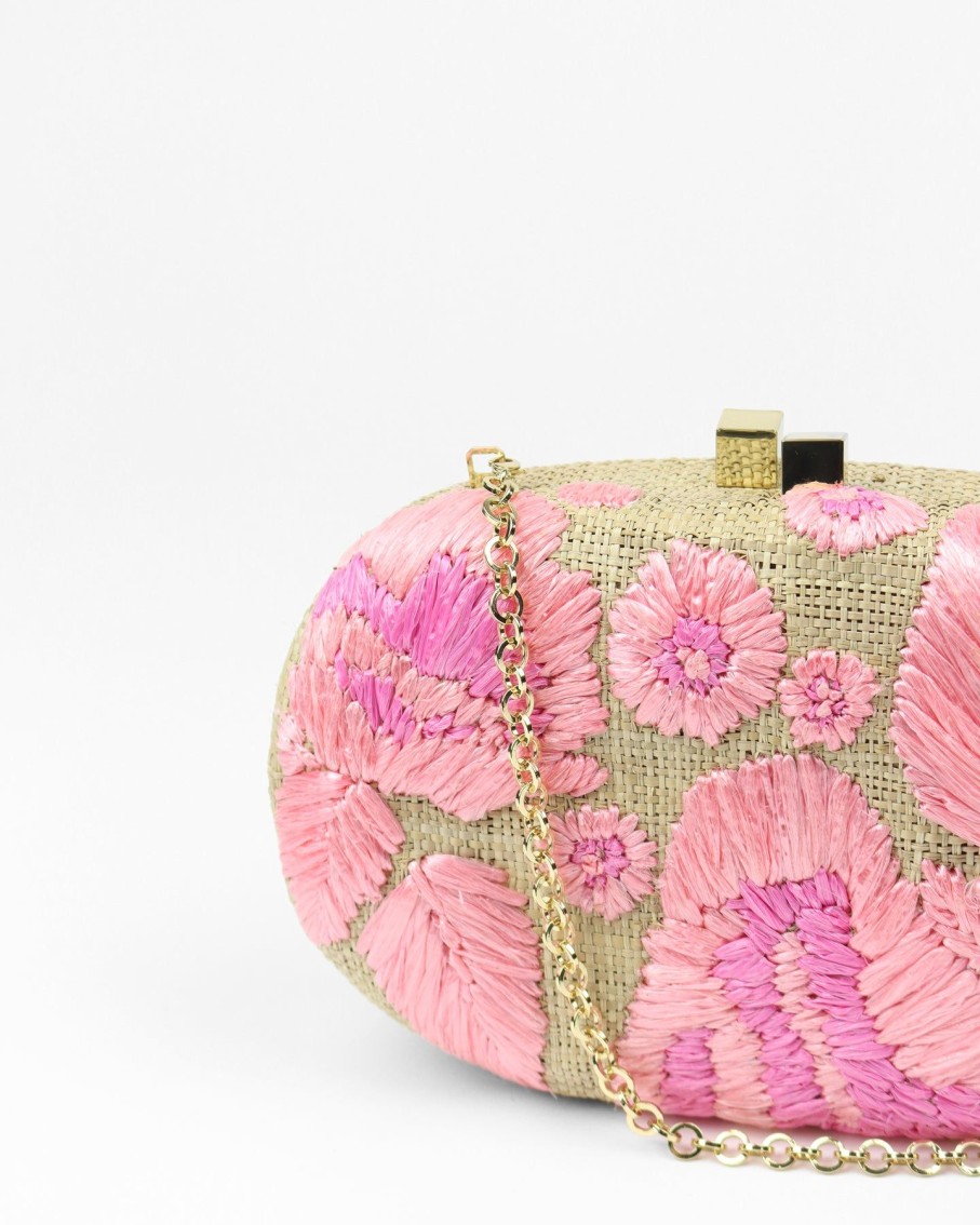 Women Serpui Clutches | Olivine Embroidered Flower Pink Straw Bag